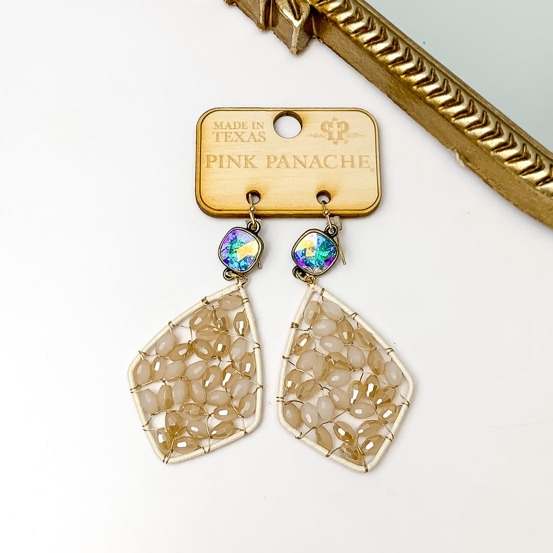 Pink Panache | AB Cushion Cut Earrings with Teardrop Crystal Drop in Cream - Giddy Up Glamour Boutique