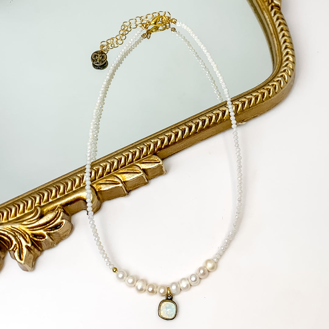 Pink Panache | White Crystal and Pearl Beaded Necklace With White Opal Cushion Cut - Giddy Up Glamour Boutique