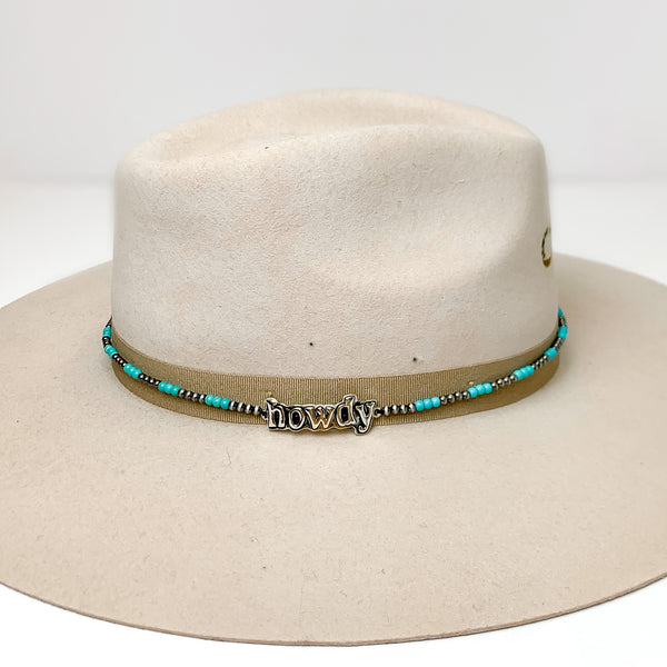 Silver Tone and Turquoise Pearl Hat Band With Brown Tie Strings. Pictured on a white background with the band around a light brown/ gray hat.