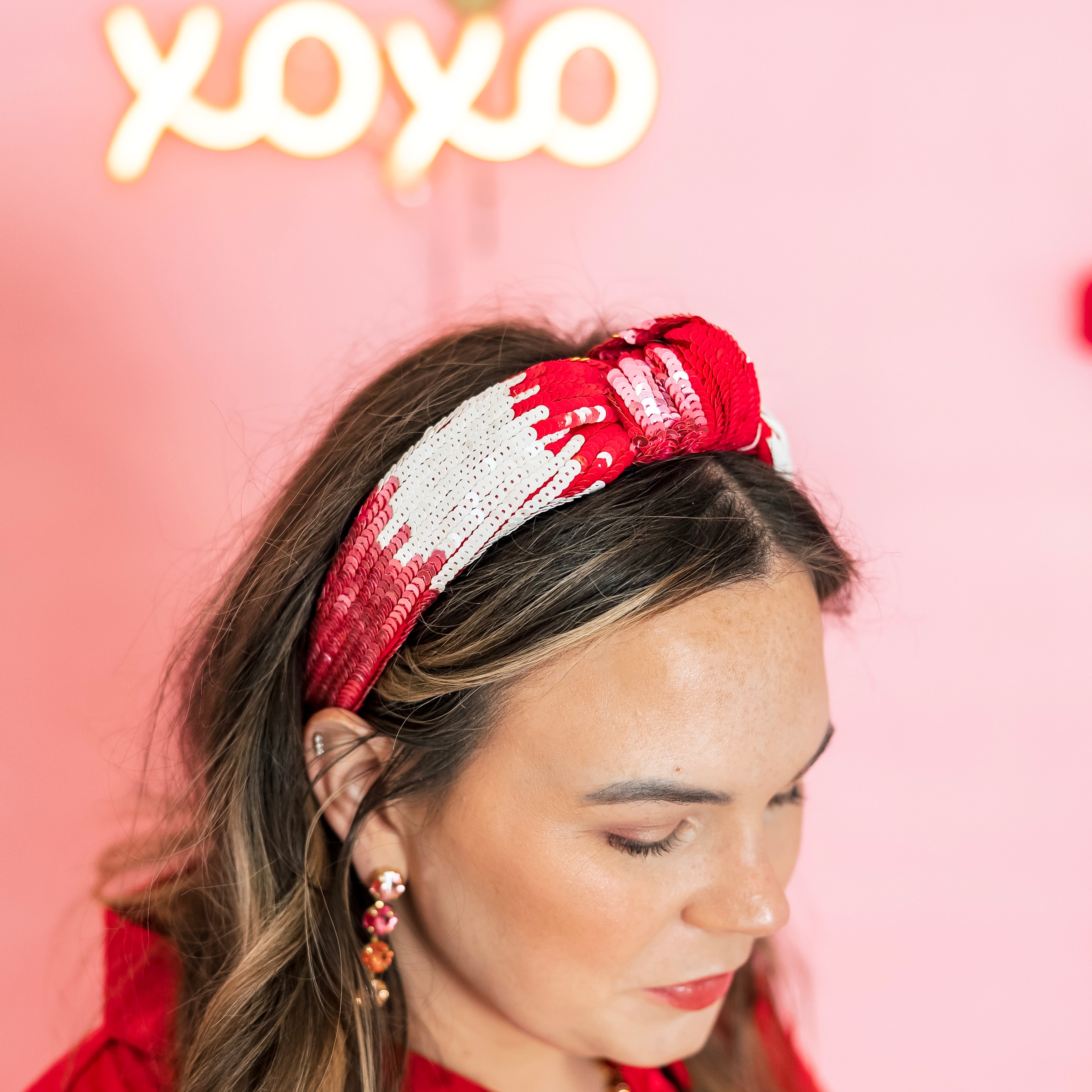 Sequin Large Knot Headband in Red, Pink and White - Giddy Up Glamour Boutique