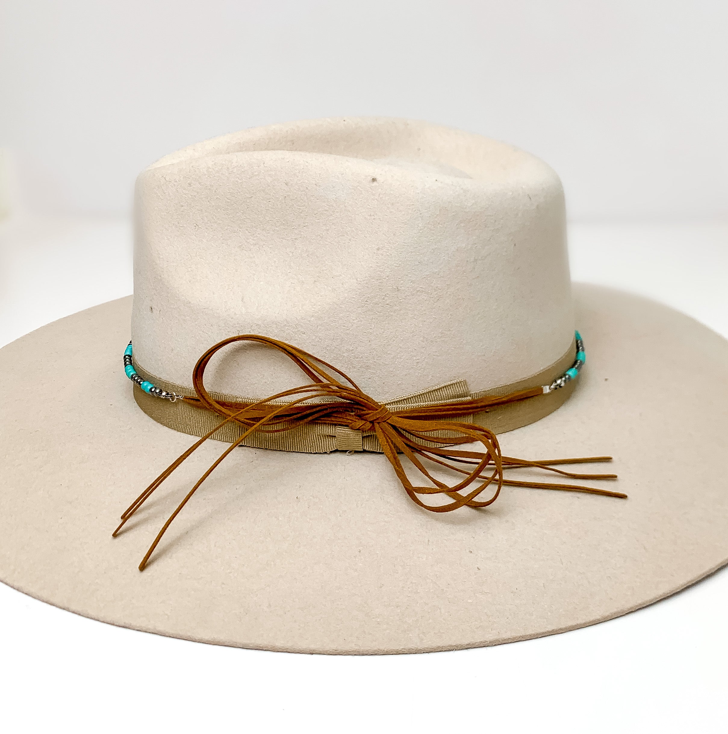 Silver Tone and Turquoise Pearl Hat Band With Howdy Charm and Brown Tie Strings - Giddy Up Glamour Boutique