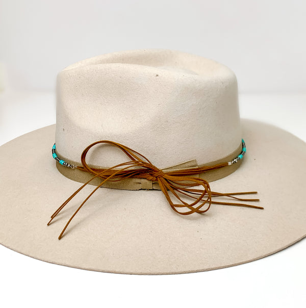 Silver Tone and Turquoise Pearl Hat Band With Howdy Charm and Brown Tie Strings