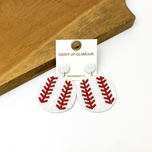Baseball Circular Beaded Earrings in White and Maroon