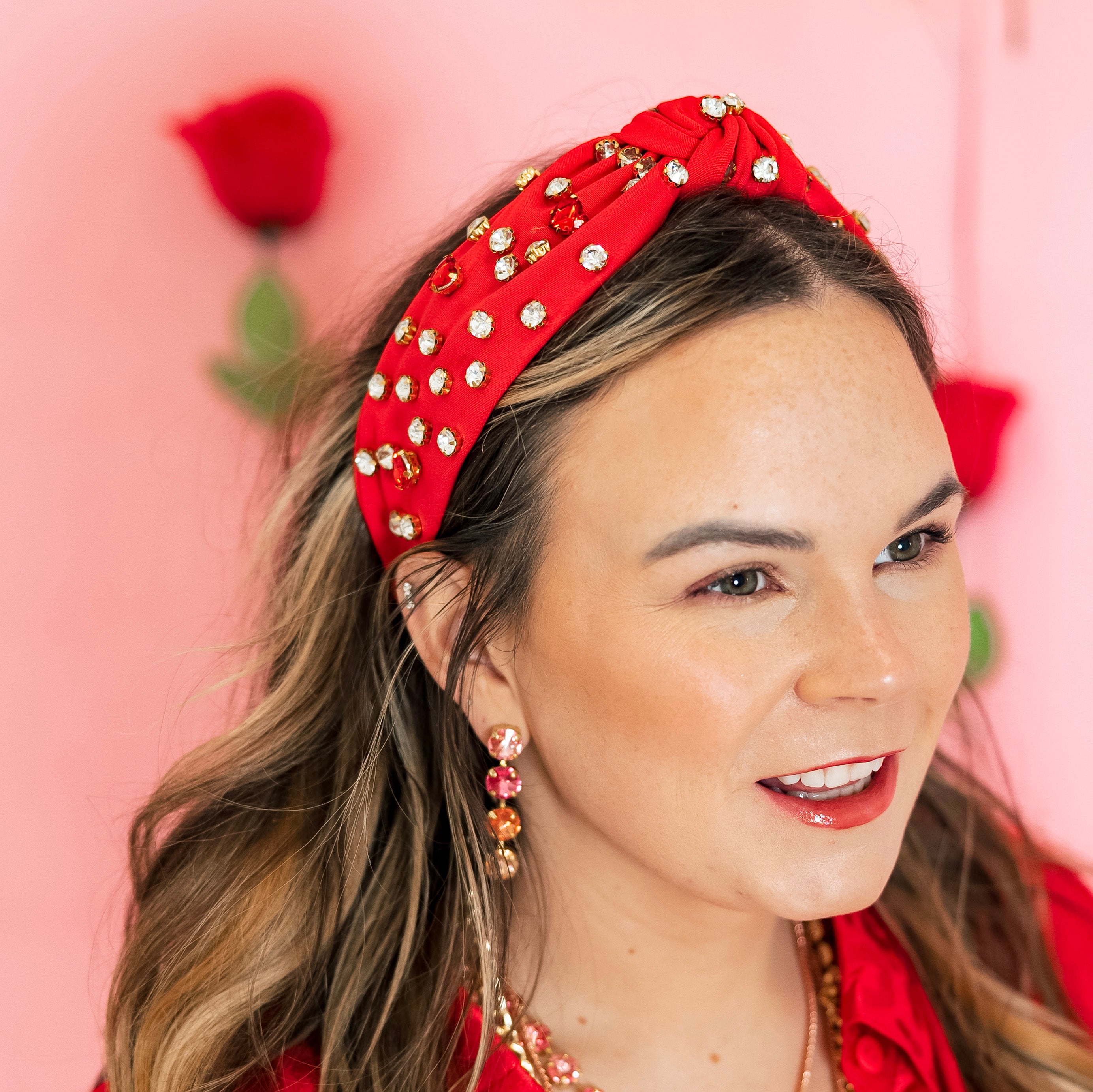 Heart Shaped and Round Crystal Detailed Knot Headband in Red - Giddy Up Glamour Boutique