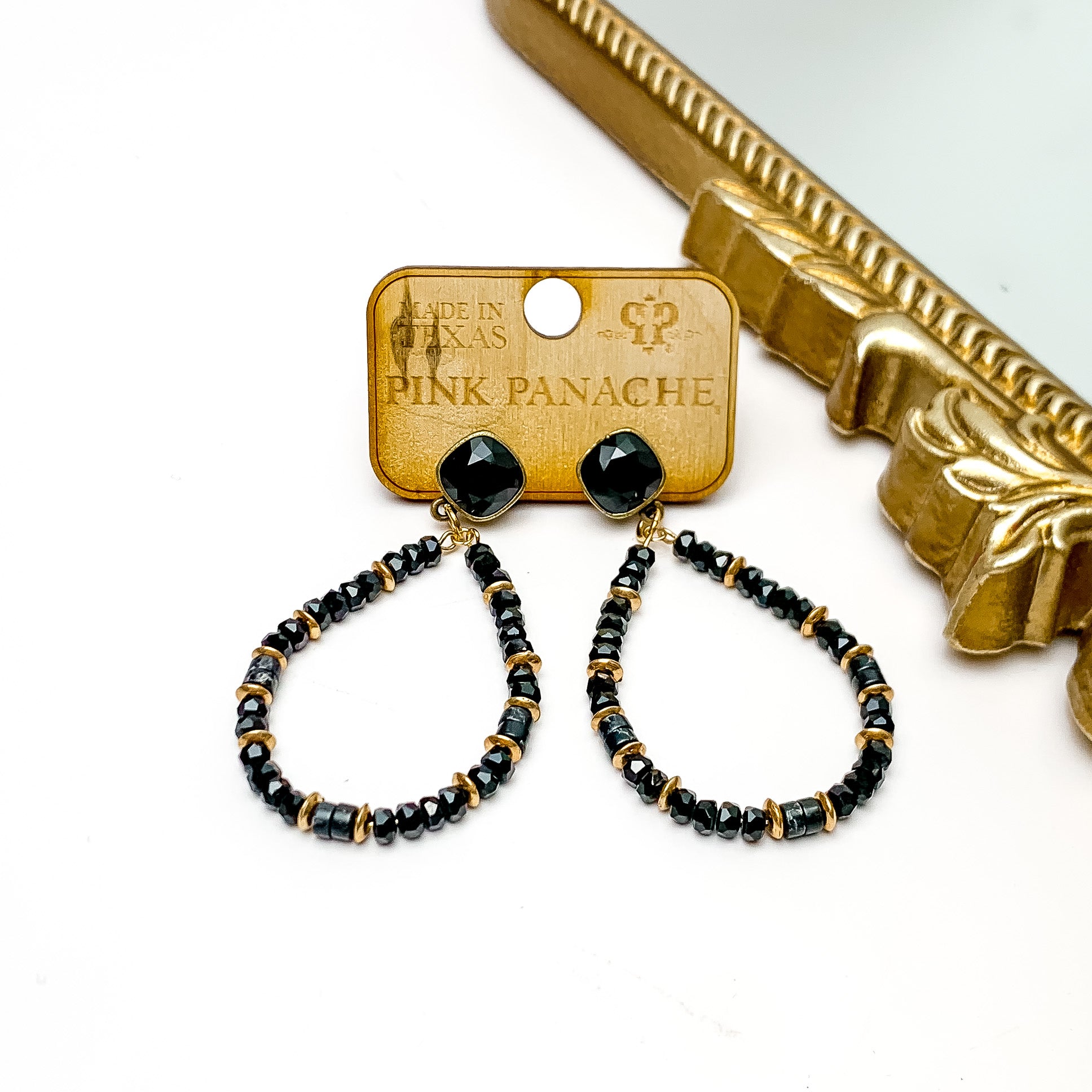 Pink Panache | Black Cushion Cut Post Earrings with Black and Gold Tone Beaded Teardrop Pendants - Giddy Up Glamour Boutique