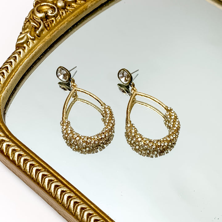 Pink Panache | Clear Cushion Cut Post Earrings with Gold Tone Teardrop Pendants Wrapped in Clear Crystals - Giddy Up Glamour Boutique