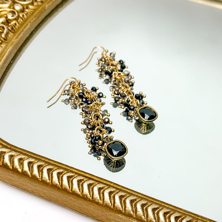 Pink Panache | Black Crystal Beaded Drop Earrings with Black Cushion Cut Crystal - Giddy Up Glamour Boutique