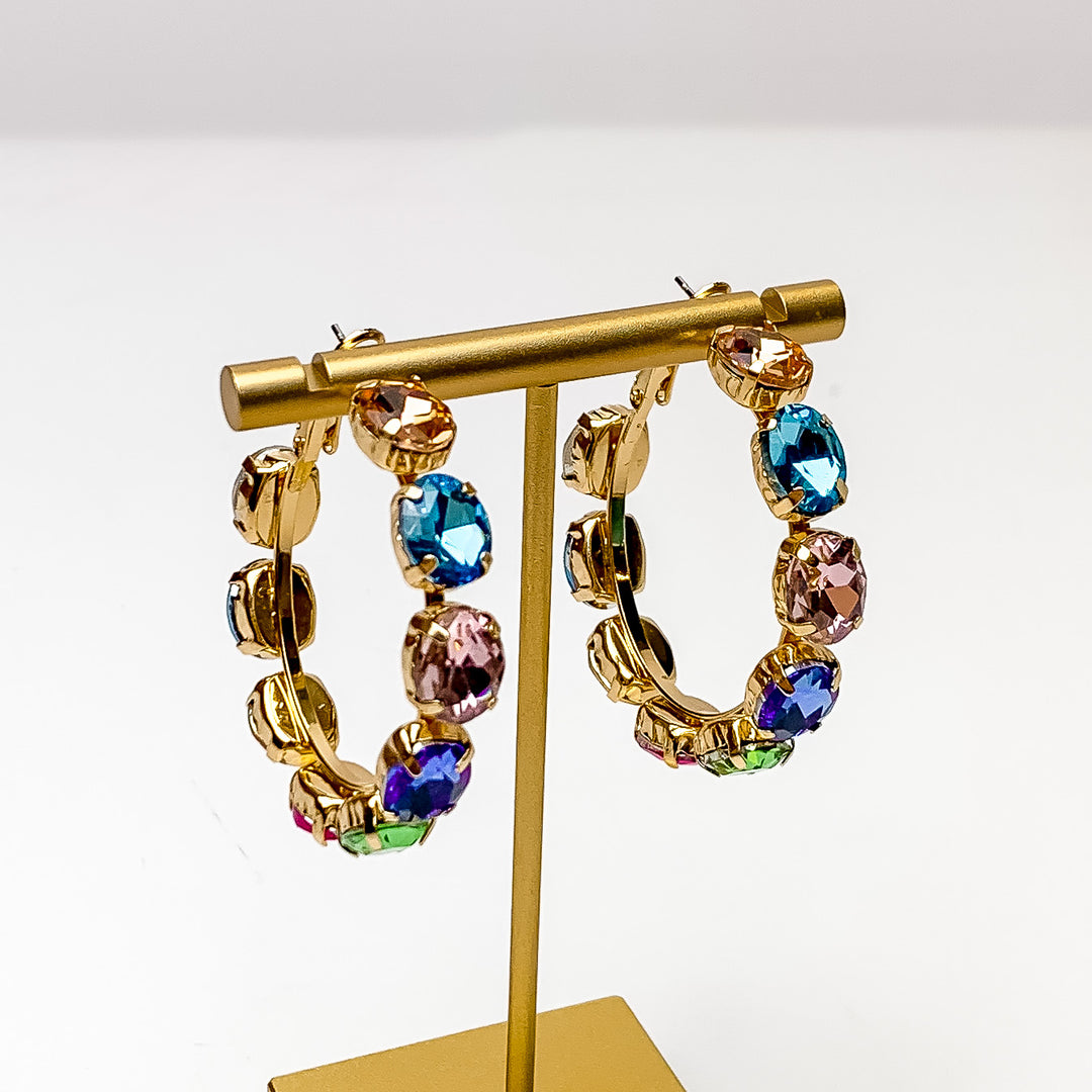 Pink Panache | Multicolor Oval Crystal Hoop Earrings - Giddy Up Glamour Boutique