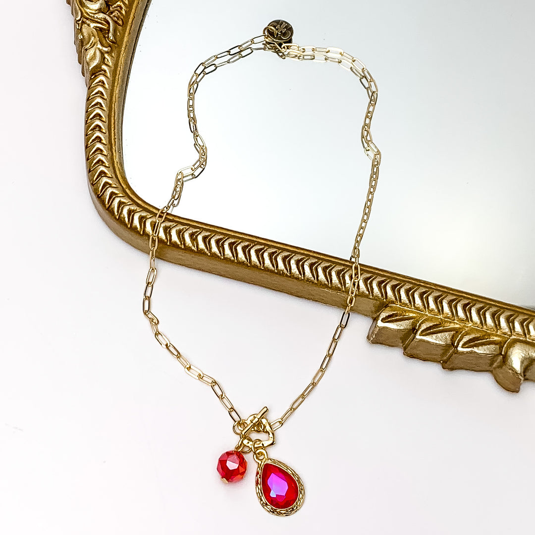 Pink Panache | Gold Tone Chain Necklace with Heart Toggle and Fuchsia Pink Crystal Charms - Giddy Up Glamour Boutique