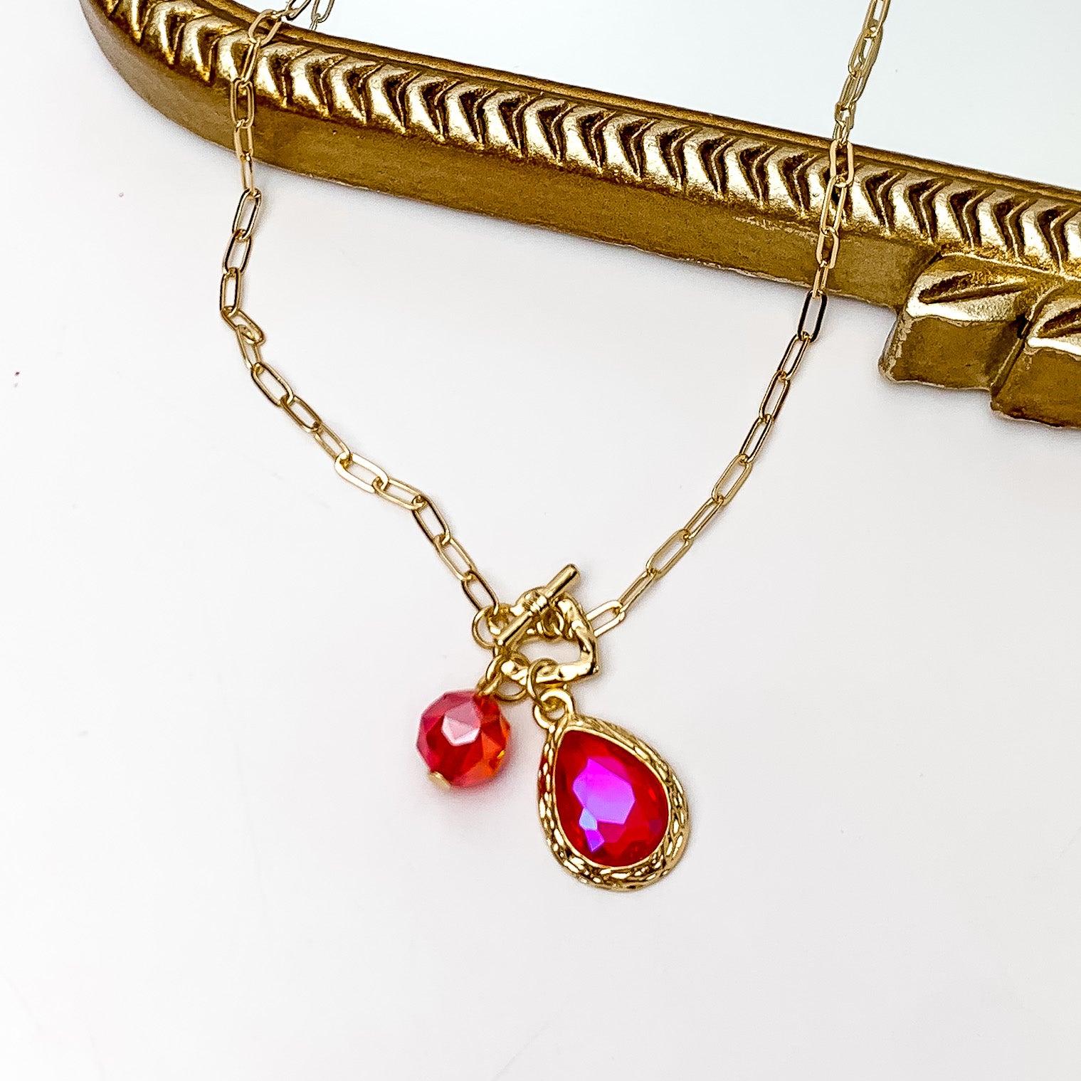 Pink Panache | Gold Tone Chain Necklace with Heart Toggle and Fuchsia Pink Crystal Charms - Giddy Up Glamour Boutique