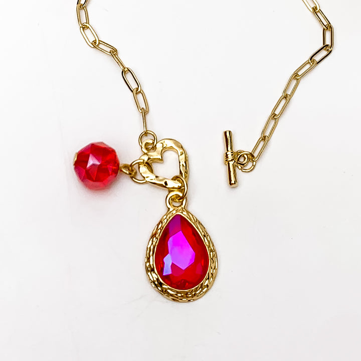 Pink Panache | Gold Tone Chain Necklace with Heart Toggle and Fuchsia Pink Crystal Charms - Giddy Up Glamour Boutique