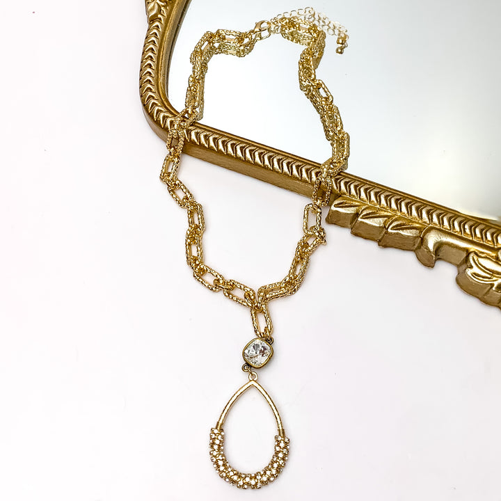Pink Panache | Hammered Gold Tone Chain Necklace with a Clear Cushion Crystal and Gold Teardrop Pendant Wrapped in Clear Crystals - Giddy Up Glamour Boutique