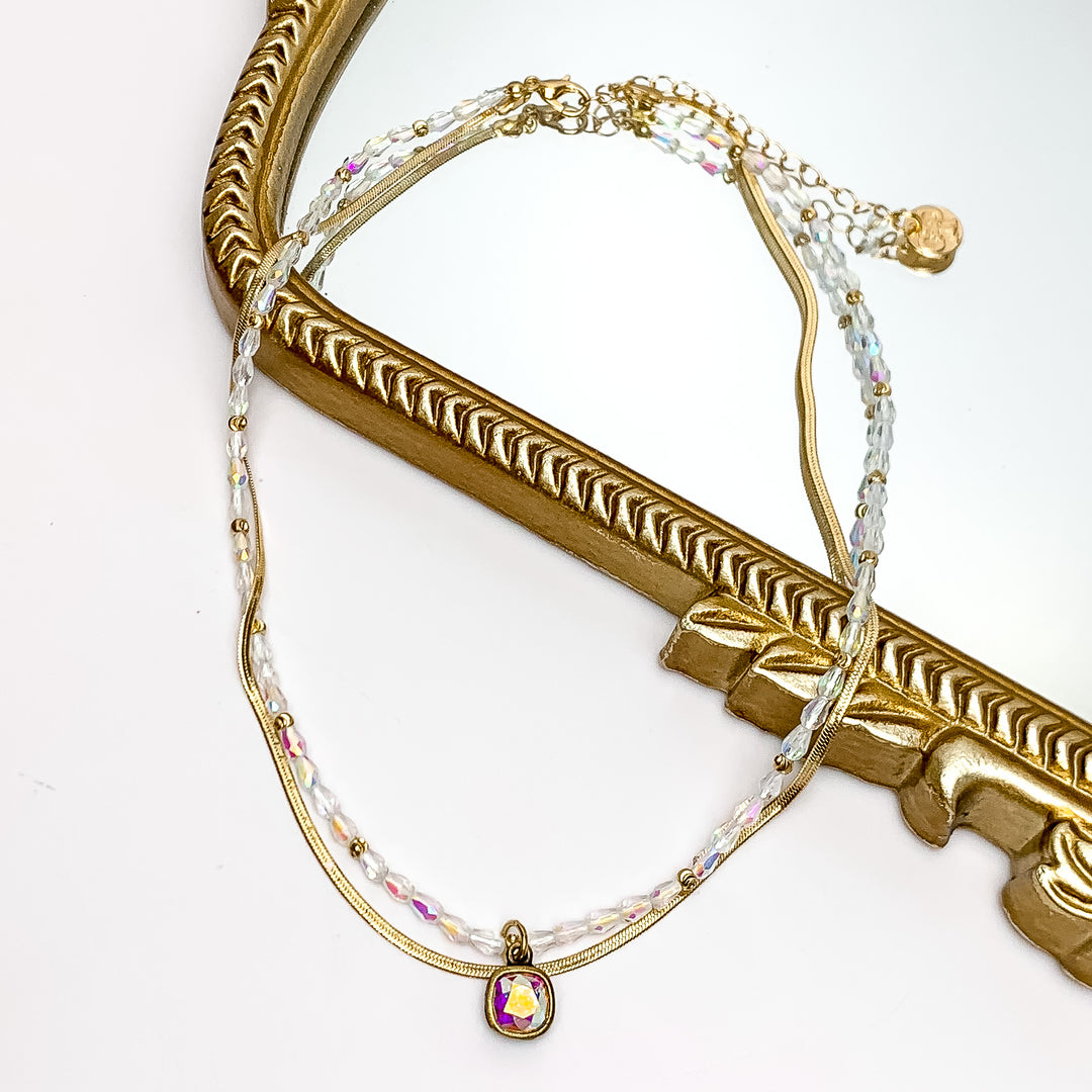Pink Panache | AB Crystal Beaded and Gold Tone Herringbone Chain Two Strand Necklace with AB Cushion Cut Crystal - Giddy Up Glamour Boutique