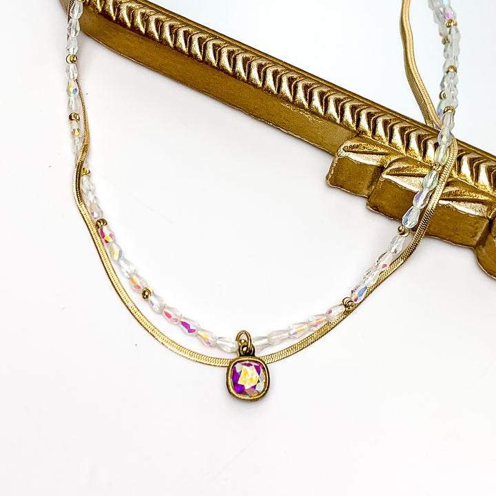 Pink Panache | AB Crystal Beaded and Gold Tone Herringbone Chain Two Strand Necklace with AB Cushion Cut Crystal - Giddy Up Glamour Boutique