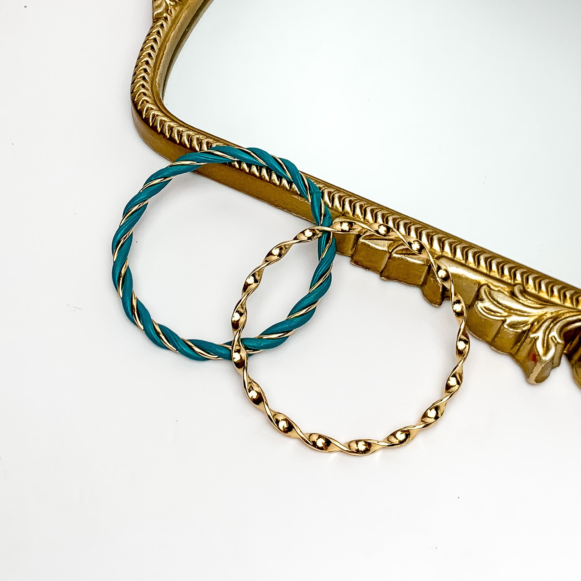 Set of Two | Coastal Babe Gold Tone Bangle Set with Faux Leather Wrap in Teal Green - Giddy Up Glamour Boutique