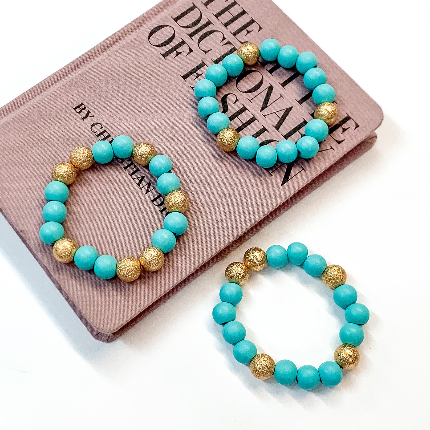 Set of Three | Making Joy Beaded Bracelets with Gold Tone Spacers in Sky Blue