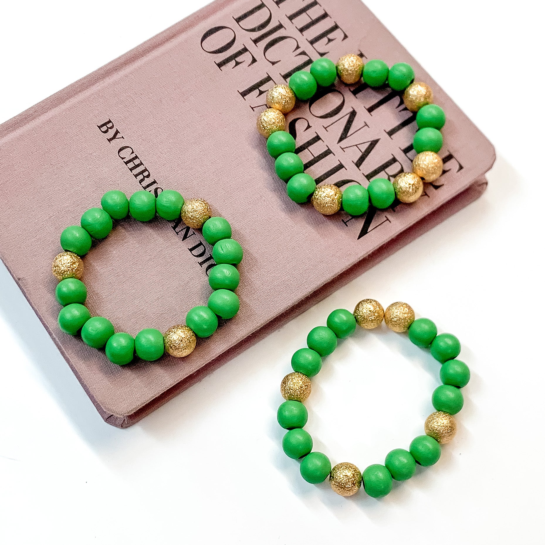 Set of Three | Making Joy Beaded Bracelets with Gold Tone Spacers in Green