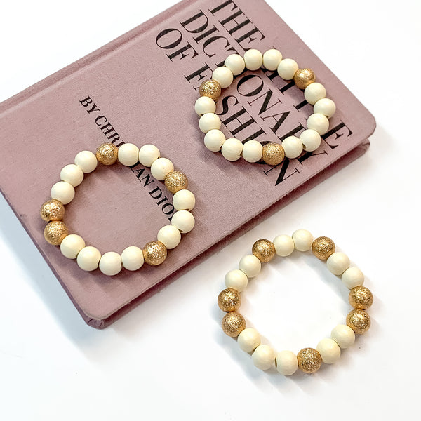 Set of Three | Making Joy Beaded Bracelets with Gold Tone Spacers in Ivory
