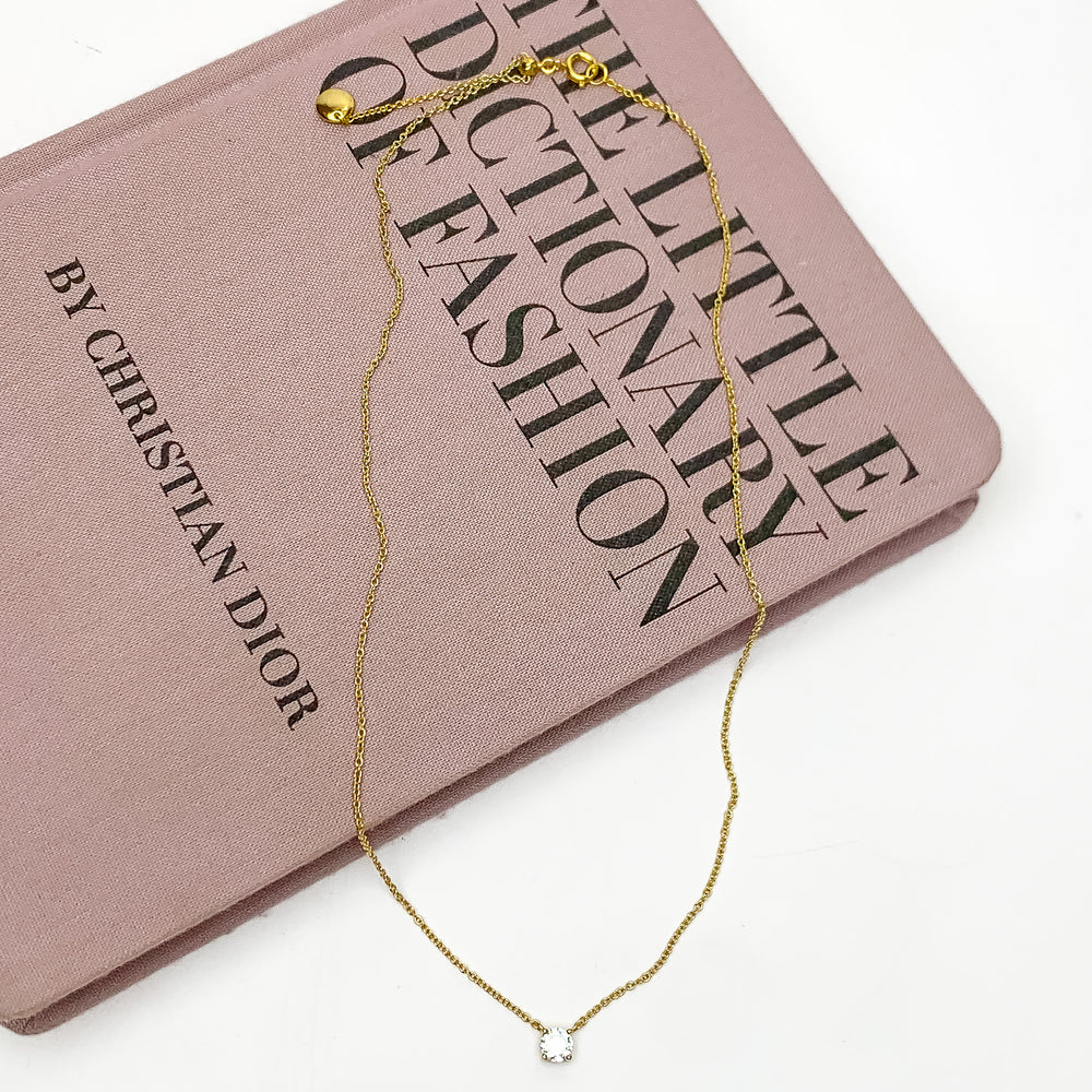 Gold Tone Simple Necklace With Clear Crystal - Giddy Up Glamour Boutique