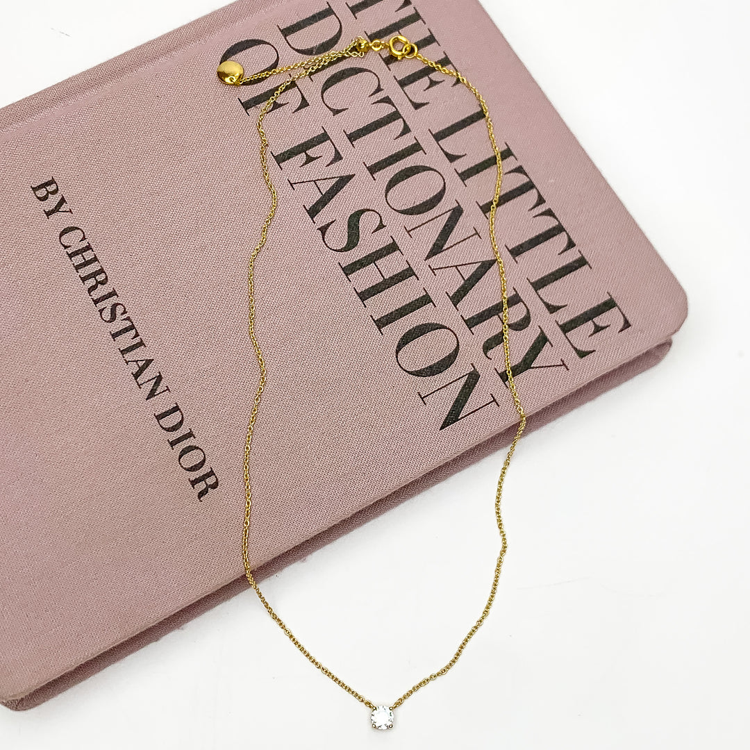 Gold Tone Simple Necklace With Clear Crystal - Giddy Up Glamour Boutique