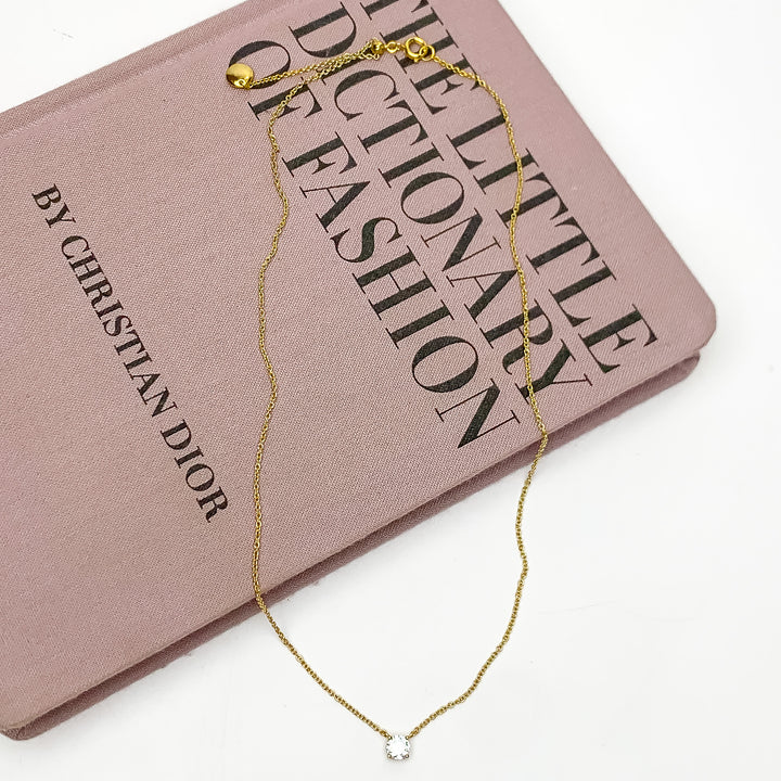 Gold Tone Simple Necklace With Clear Crystal - Giddy Up Glamour Boutique