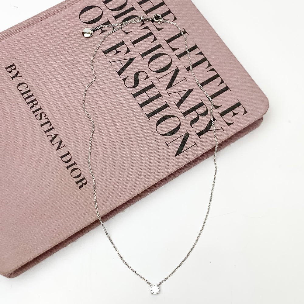 Silver Tone Simple Necklace With Clear Crystal - Giddy Up Glamour Boutique