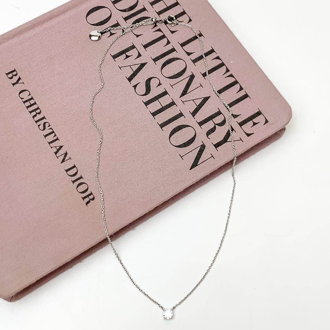 Silver Tone Simple Necklace With Clear Crystal - Giddy Up Glamour Boutique