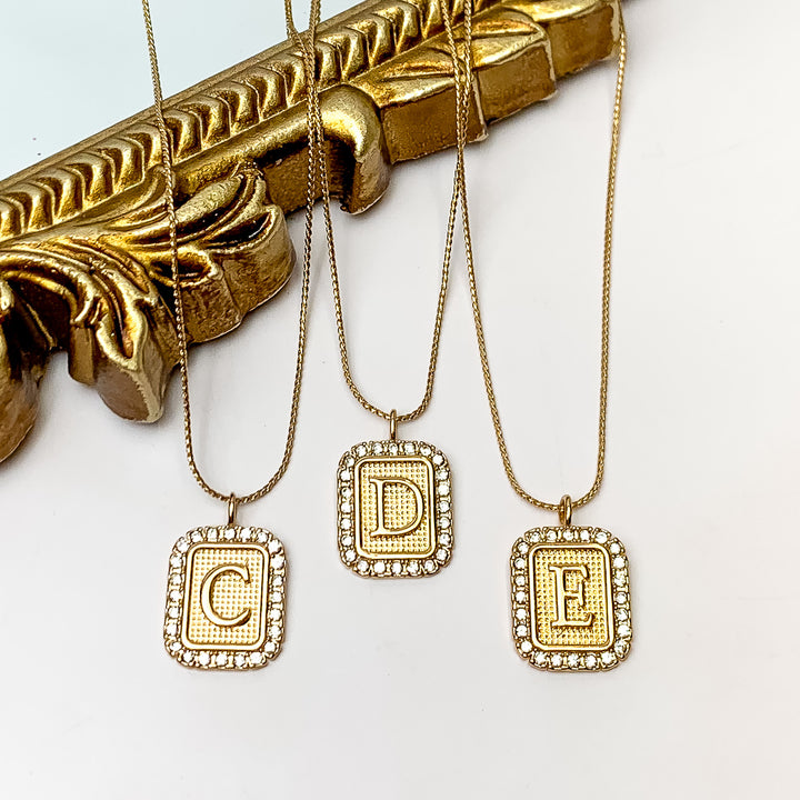 Gold Tone Chain Necklace with Rectangle Initial Pendant Outlined in Clear Crystals - Giddy Up Glamour Boutique