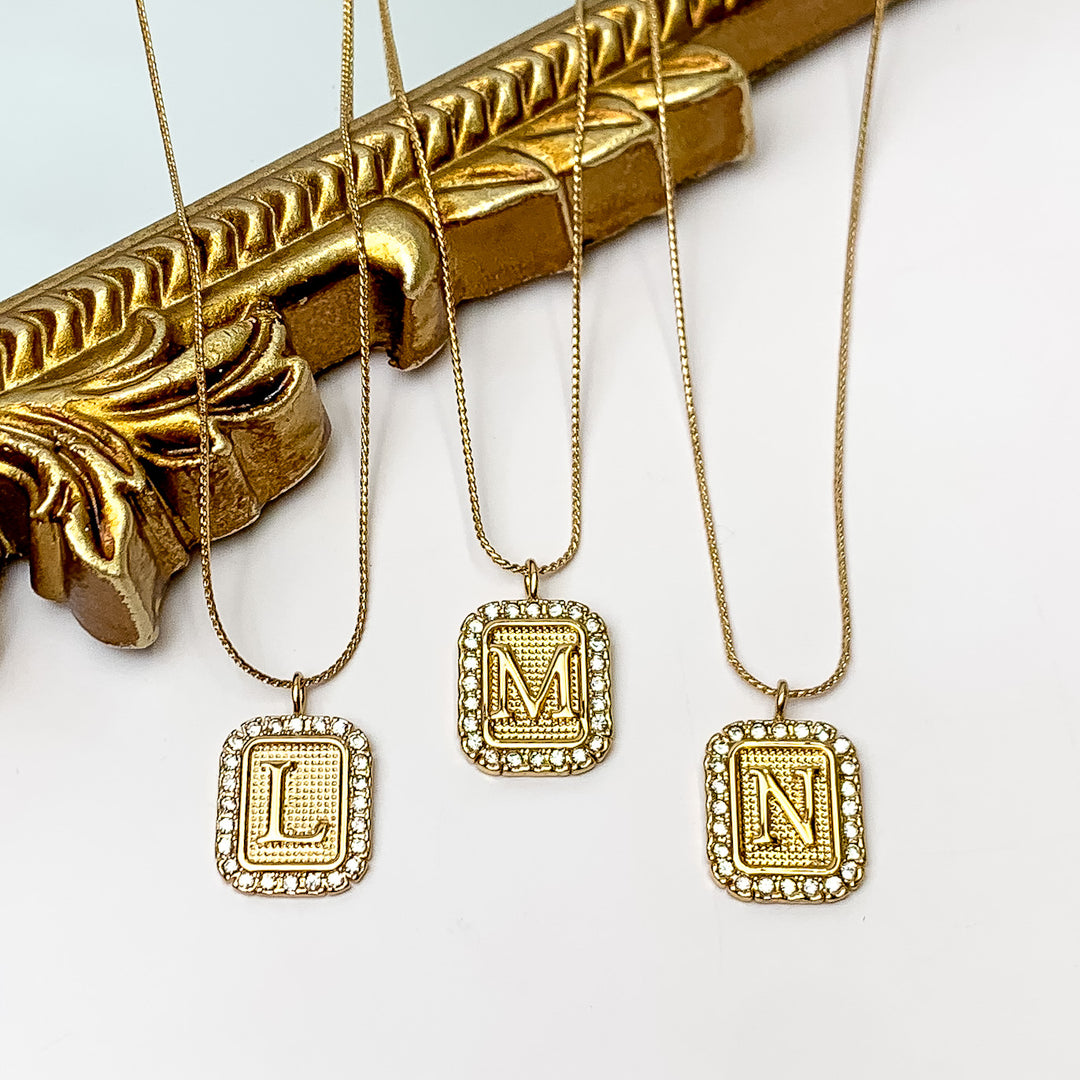 Gold Tone Chain Necklace with Rectangle Initial Pendant Outlined in Clear Crystals - Giddy Up Glamour Boutique