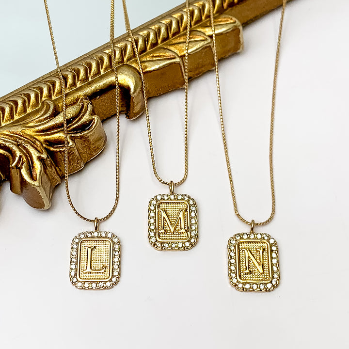 Gold Tone Chain Necklace with Rectangle Initial Pendant Outlined in Clear Crystals - Giddy Up Glamour Boutique