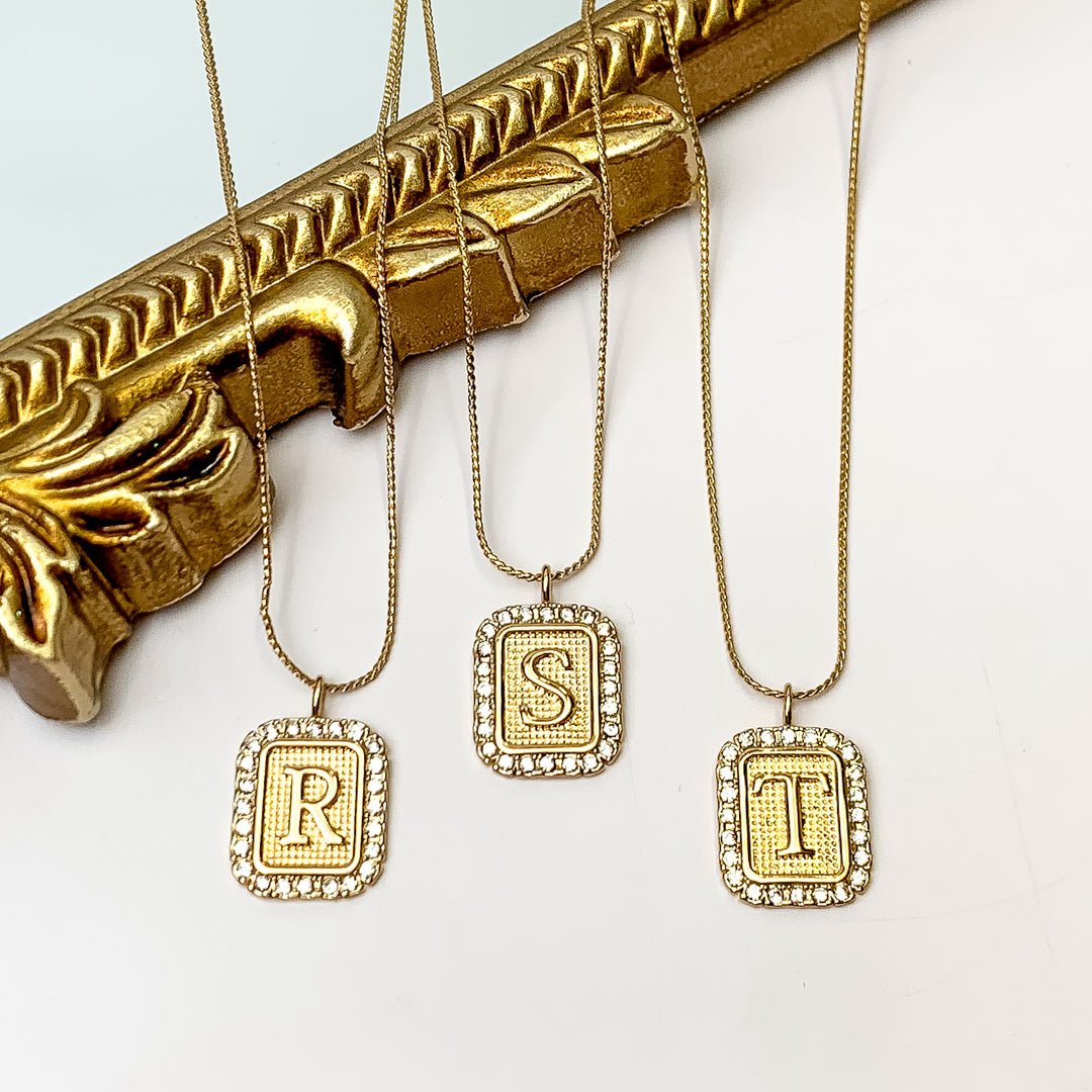 Gold Tone Chain Necklace with Rectangle Initial Pendant Outlined in Clear Crystals - Giddy Up Glamour Boutique