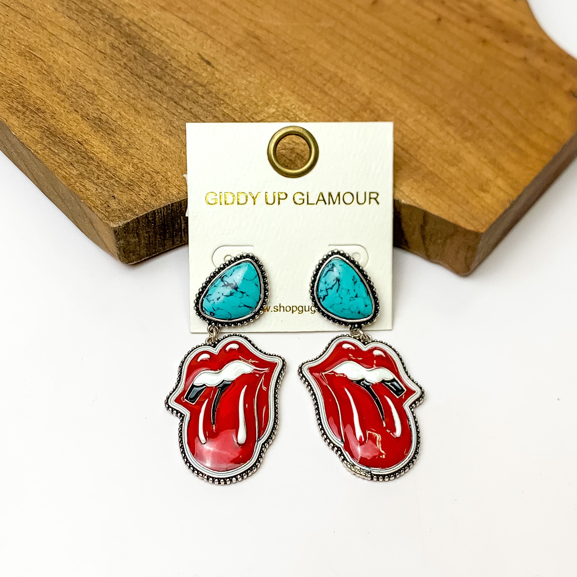 Faux Turquoise Post Earrings with Lip and Tongue Drop - Giddy Up Glamour Boutique