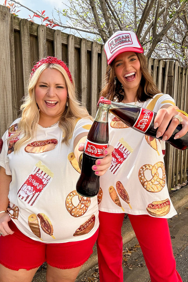 Queen Of Sparkles | Concession Couture Sequin Ballpark Foods Top in White - Giddy Up Glamour Boutique