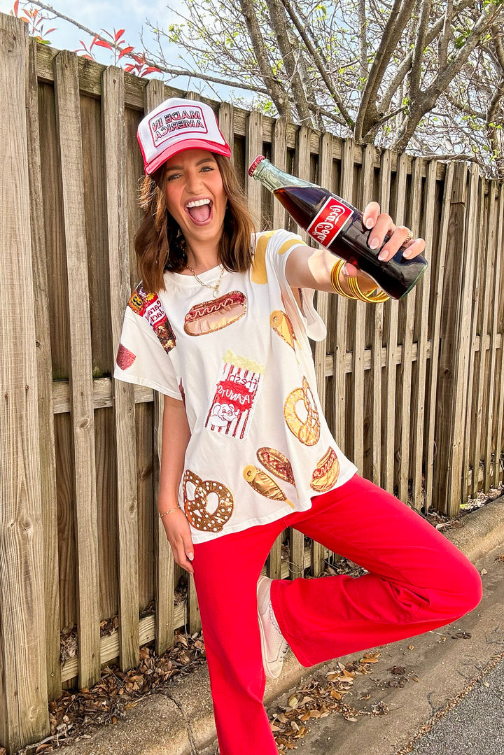 Queen Of Sparkles | Concession Couture Sequin Ballpark Foods Top in White - Giddy Up Glamour Boutique