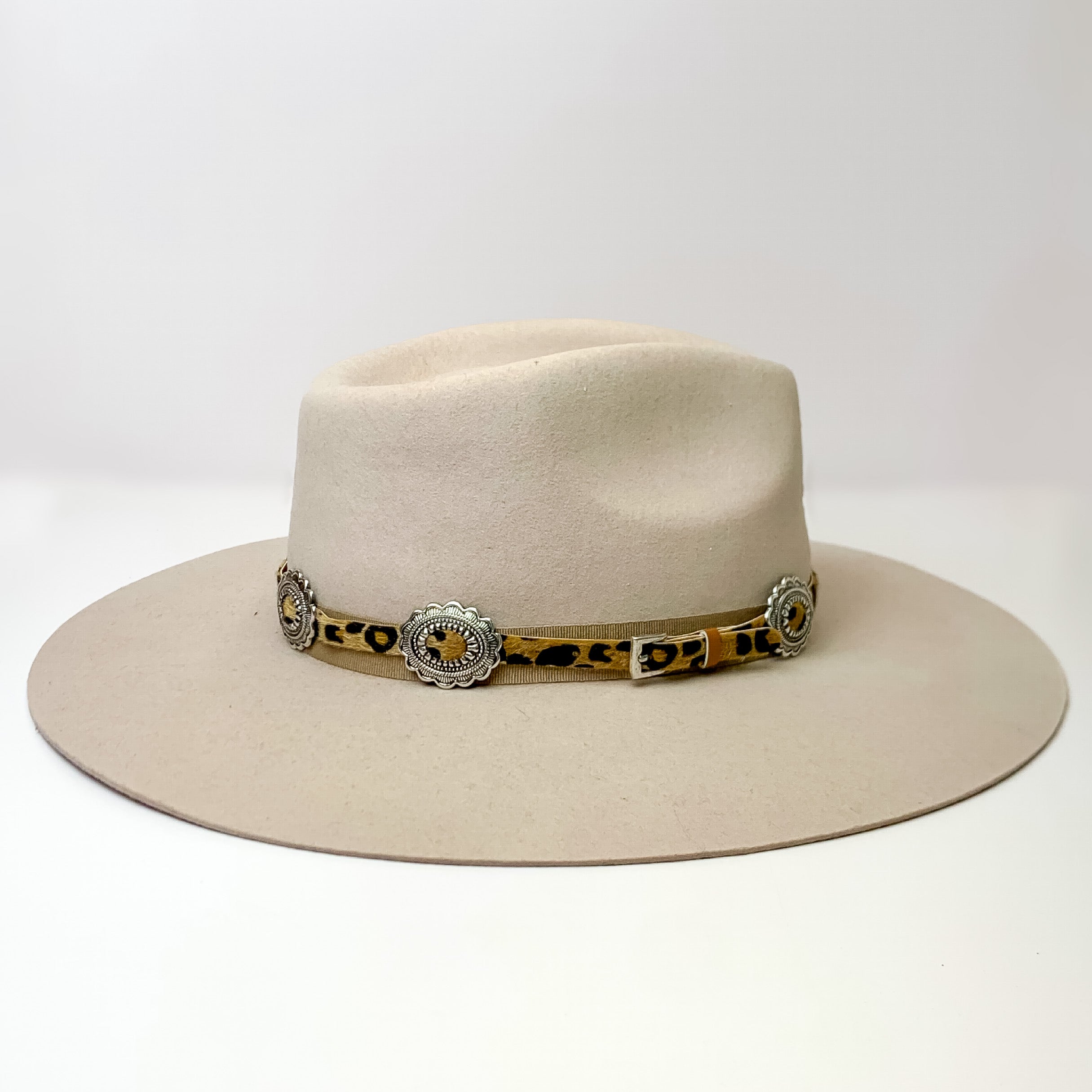 Leopard Print Hat Band With Conchos in Silver Tone - Giddy Up Glamour Boutique