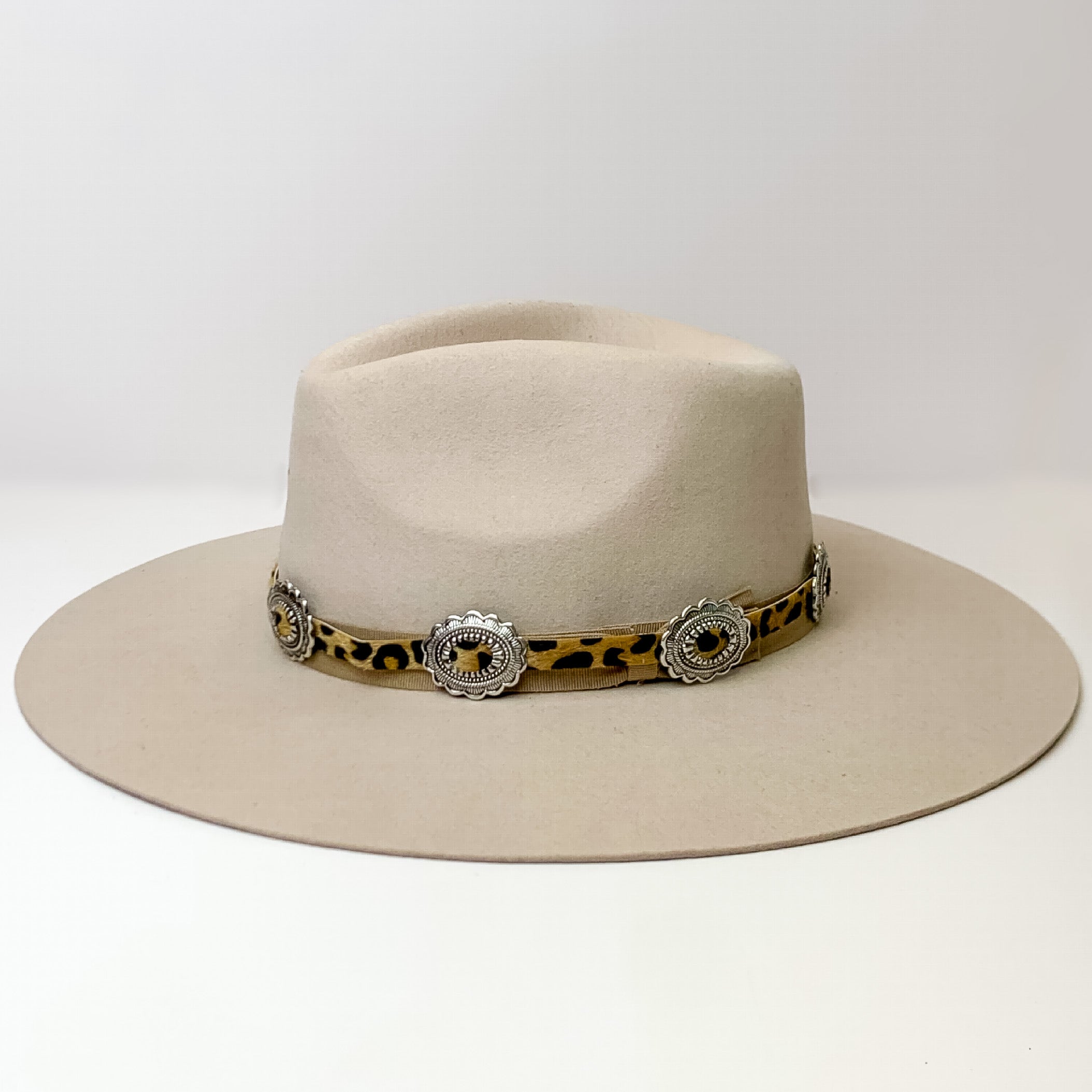 Leopard Print Hat Band With Conchos in Silver Tone - Giddy Up Glamour Boutique