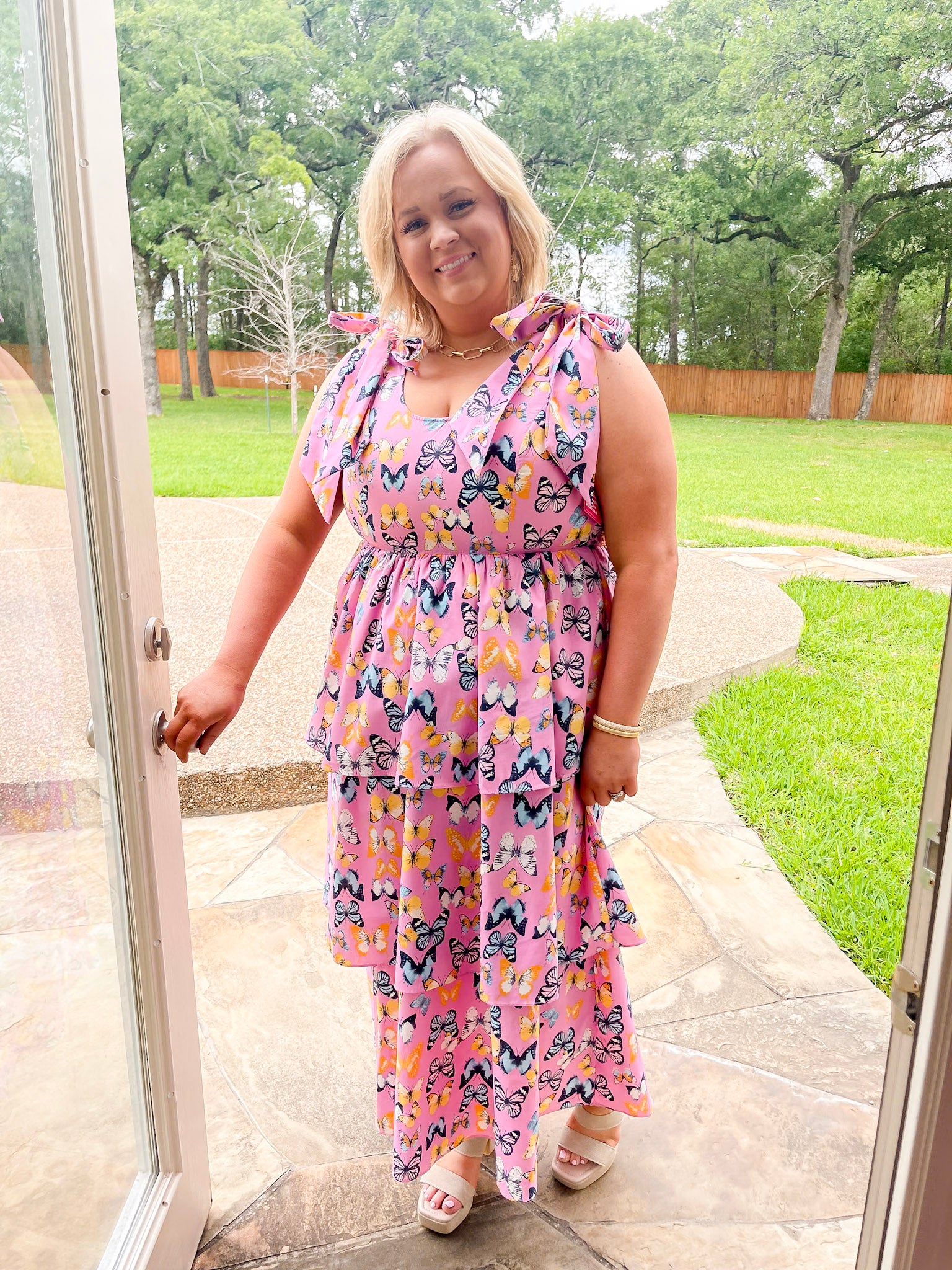 BuddyLove | Drew Tiered Midi Dress in Feelin' Butterflies Pink - Giddy Up Glamour Boutique