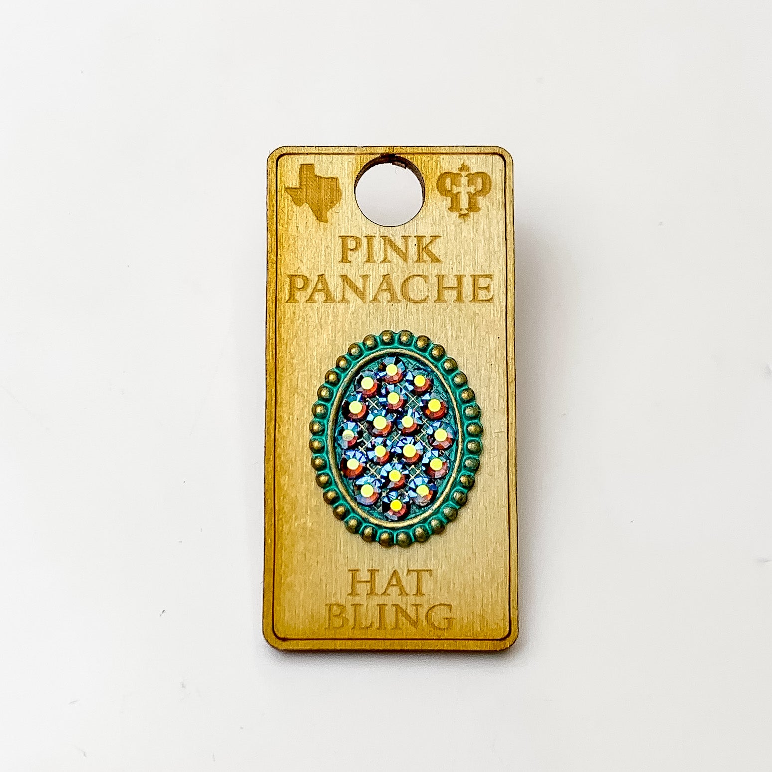 Pink Panache | Patina Tone Oval Hat Pin with Turquoise AB Crystals - Giddy Up Glamour Boutique