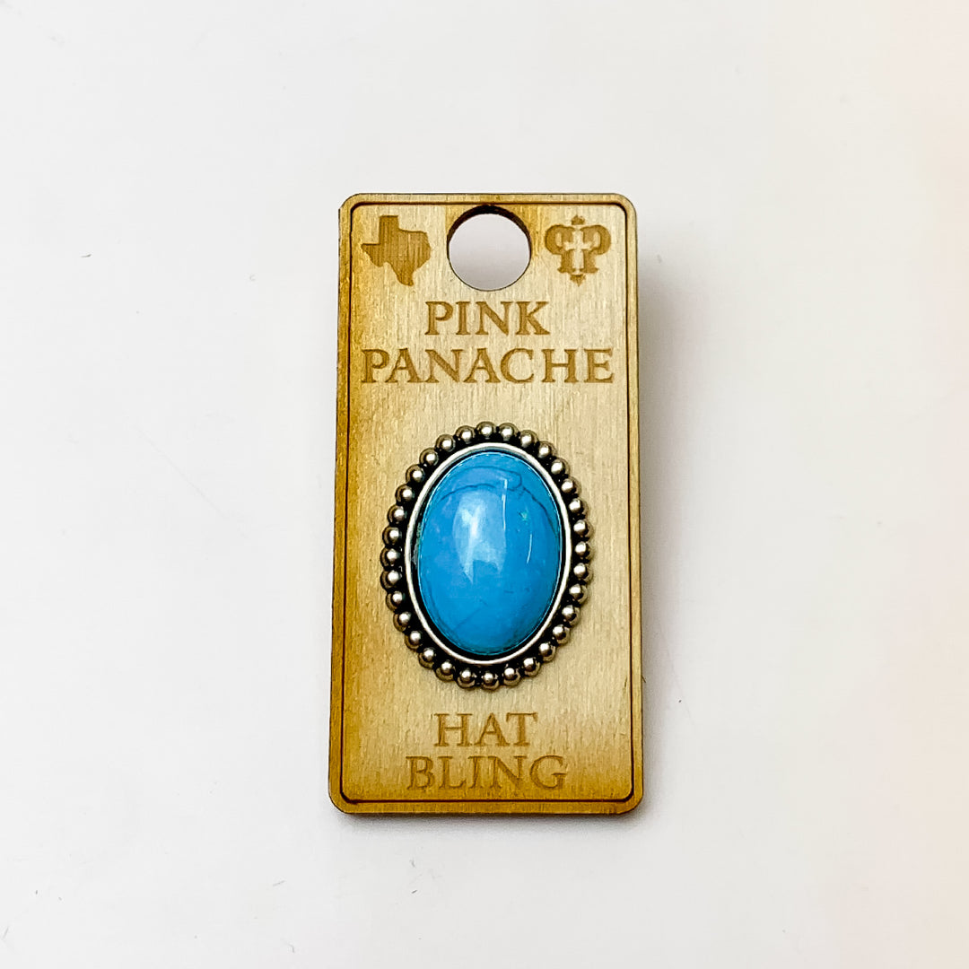 Pink Panache | Silver Tone Oval Hat Pin with Turquoise Cabochon Stone - Giddy Up Glamour Boutique