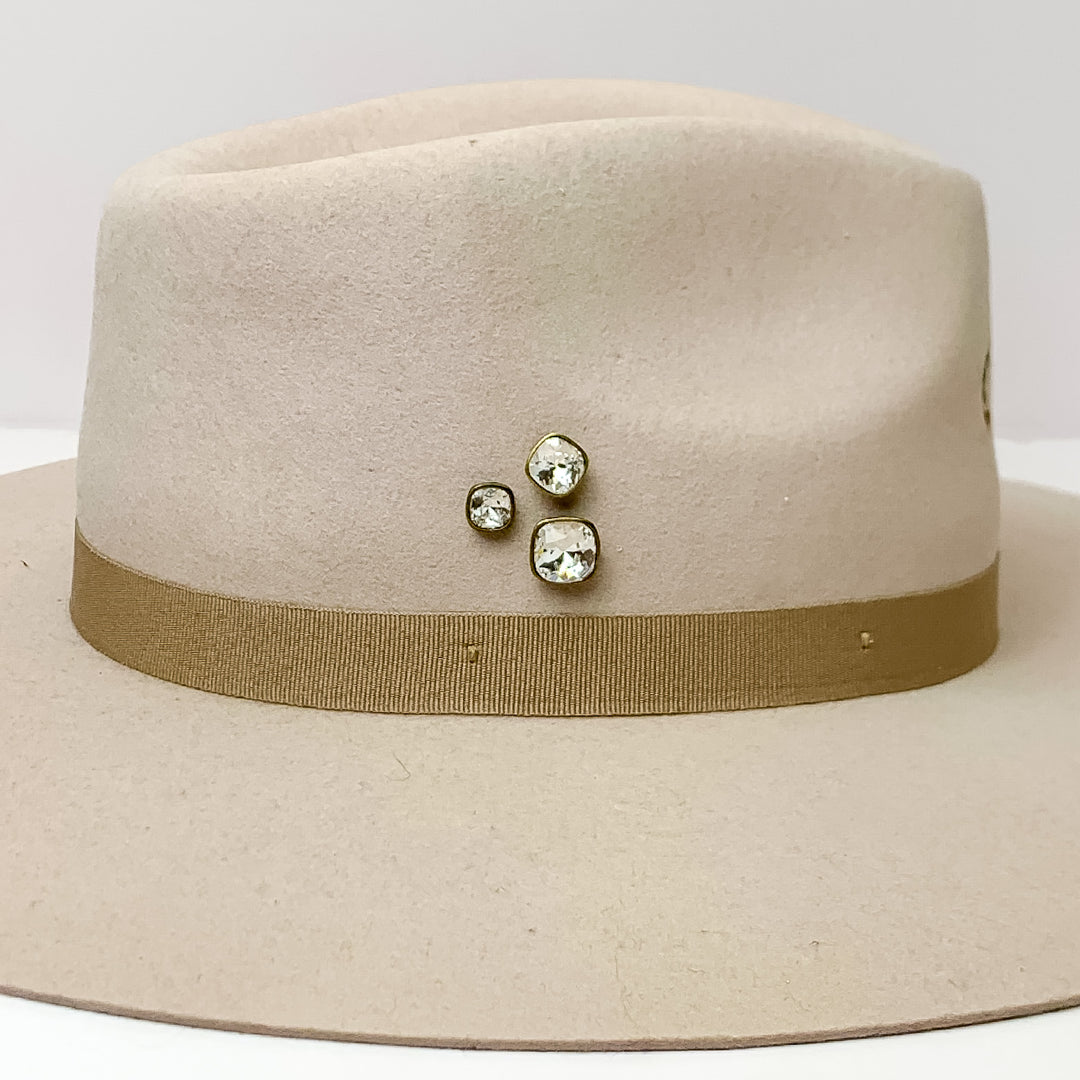 Pink Panache | Set of Three | Bronze Tone 8mm, 10mm, and 12mm Hat Pins with Clear Cushion Cut Crystal - Giddy Up Glamour Boutique