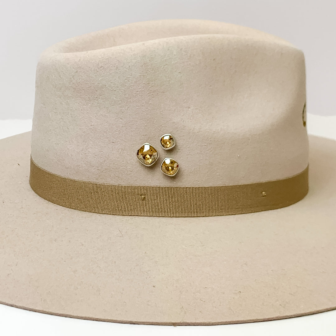 Pink Panache | Set of Three | Silver Tone 8mm, 10mm, and 12mm Hat Pins with Golden Shadow Cushion Cut Crystal - Giddy Up Glamour Boutique