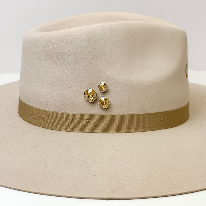 Pink Panache | Set of Three | Silver Tone 8mm, 10mm, and 12mm Hat Pins with Golden Shadow Cushion Cut Crystal - Giddy Up Glamour Boutique