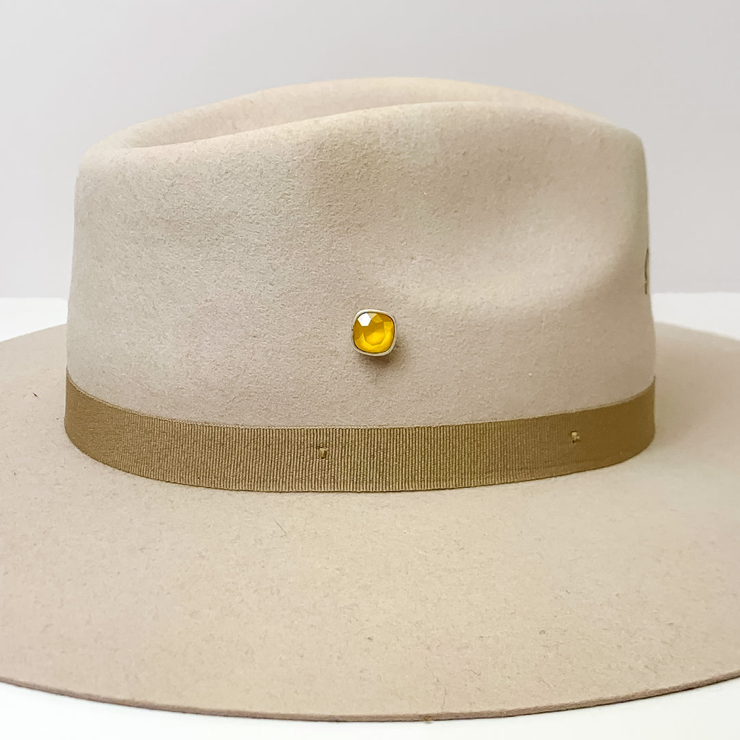 Pink Panache | Silver Tone 12mm Hat Pin with Buttercup Yellow Cushion Cut Crystal - Giddy Up Glamour Boutique