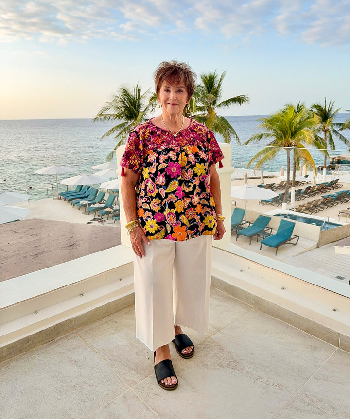 Sweet And Charming Paisley and Floral Print Top with Purple Floral Embroidery in Black