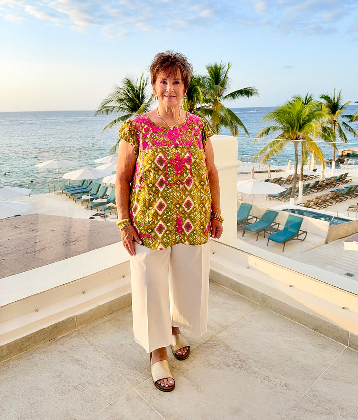 Serene Splendor Aztec Print Top with Pink Floral Embroidery in Green