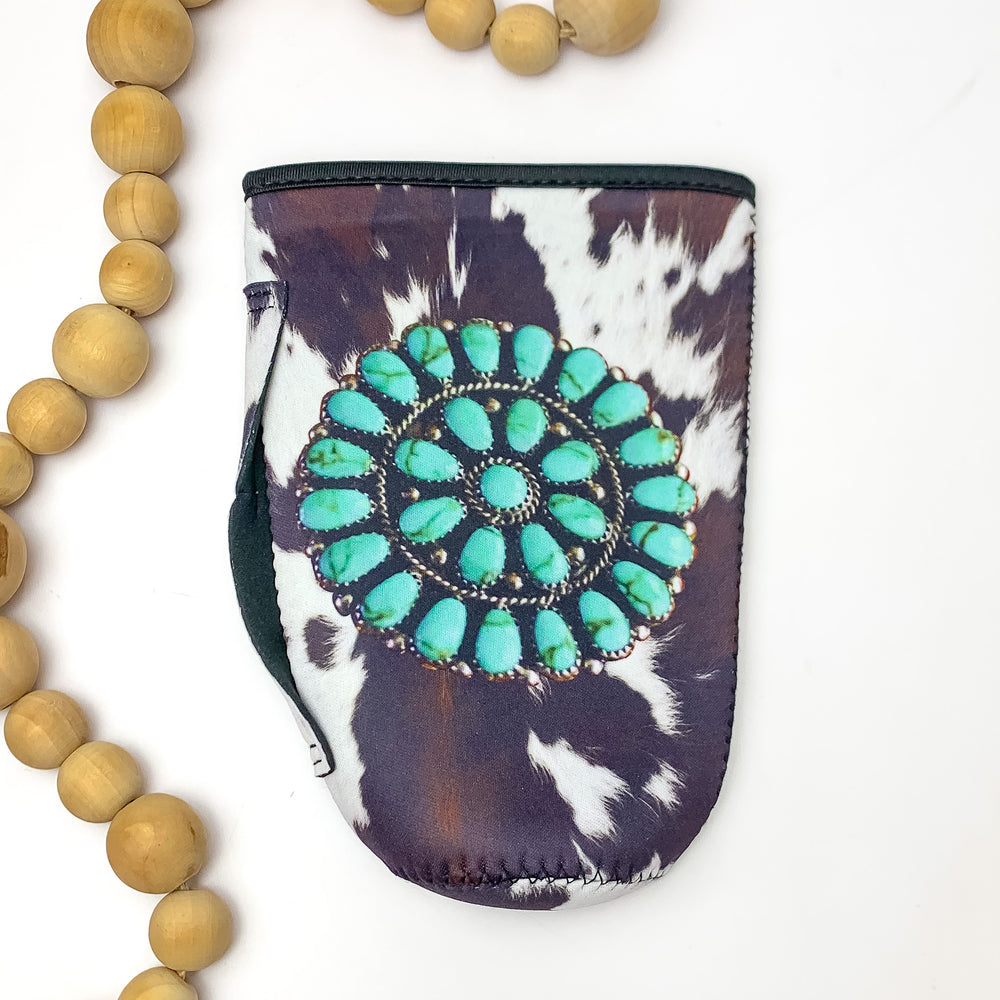 Cow Print Tumbler Drink Sleeve With Turquoise Circular Decoration - Giddy Up Glamour Boutique