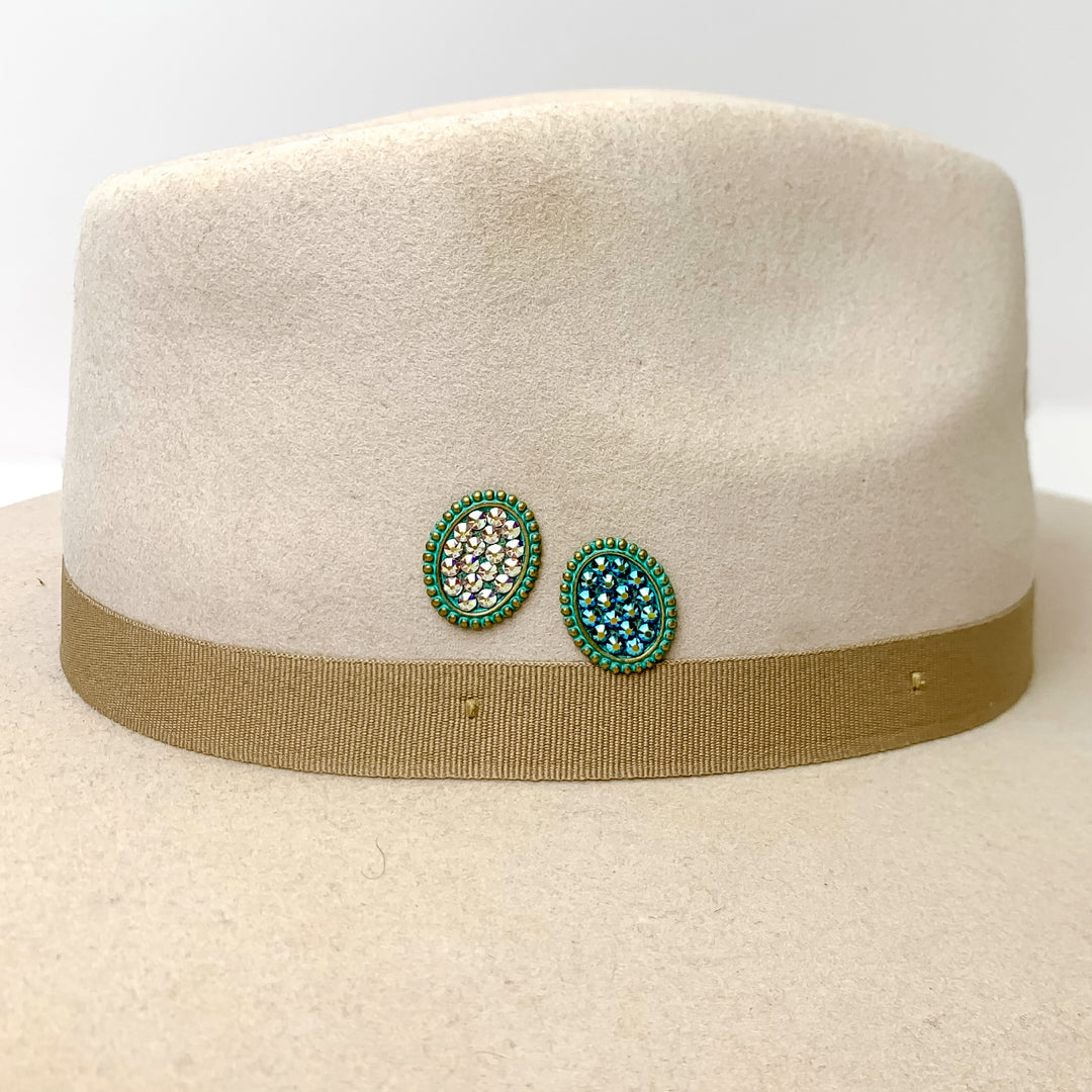 Pink Panache | Patina Tone Oval Hat Pin with Turquoise AB Crystals - Giddy Up Glamour Boutique