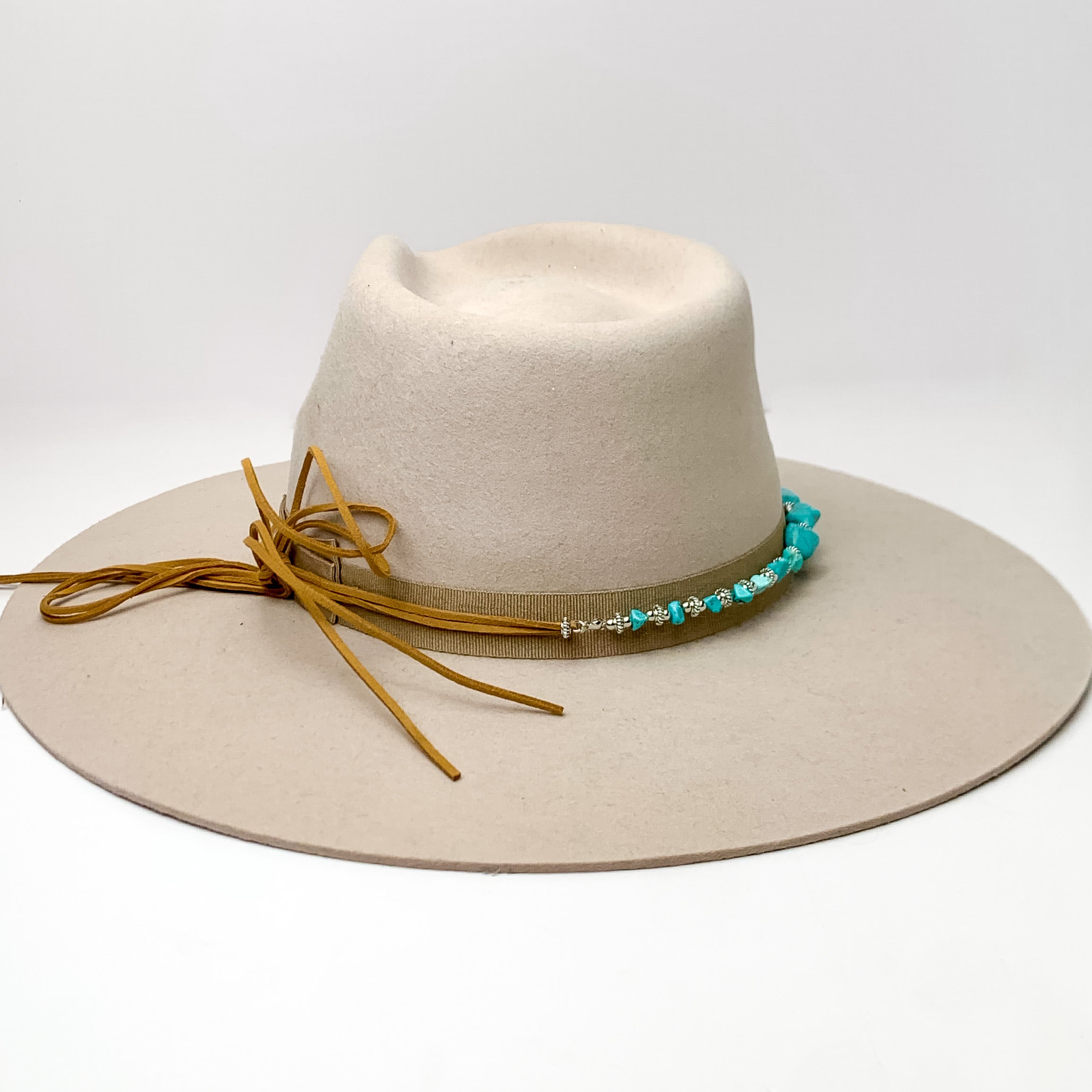 Hat Band With Large Turquoise Stones and Light Brown Ties - Giddy Up Glamour Boutique