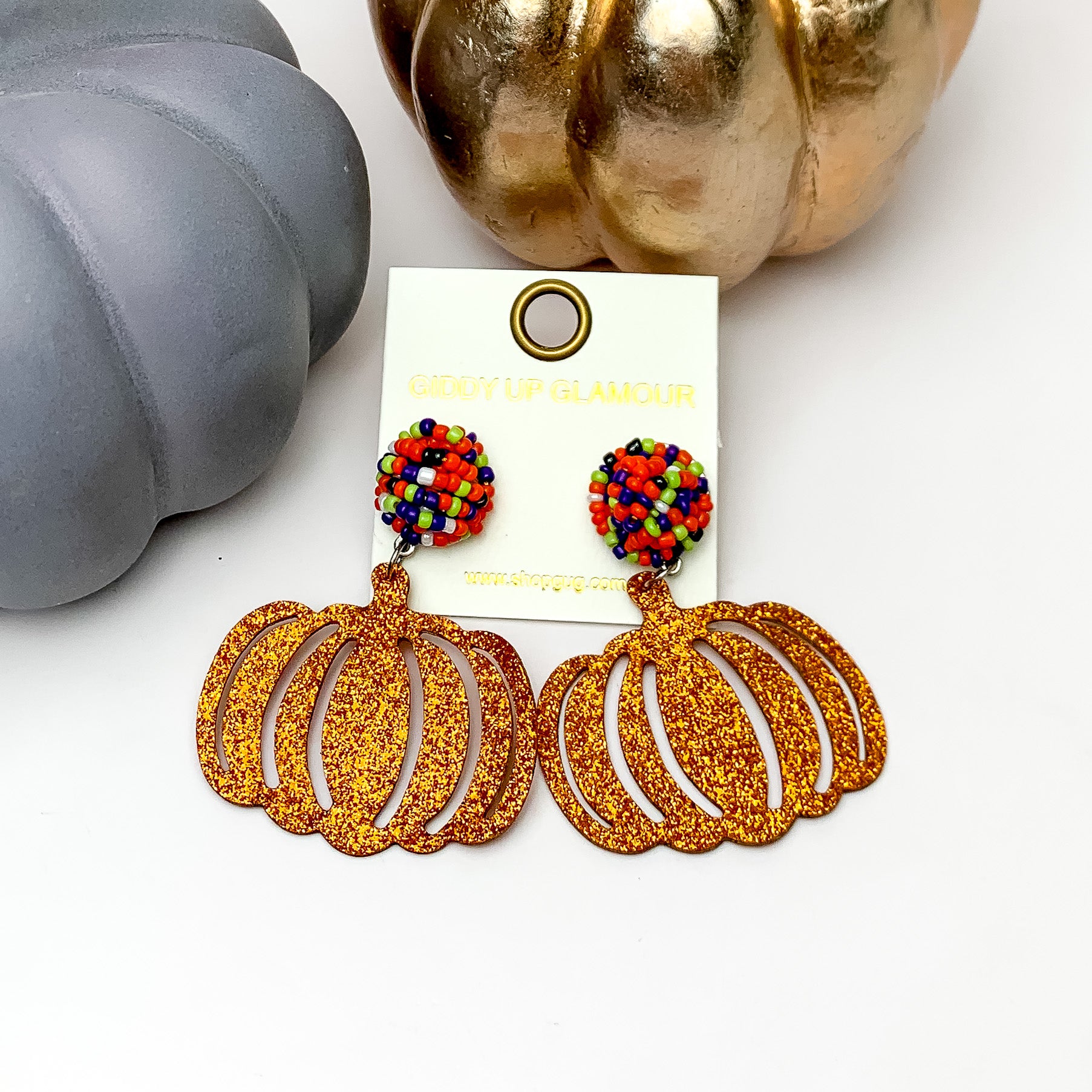 Multicolor Beaded Post Earrings with a Orange Glitter Pumpkin Drop - Giddy Up Glamour Boutique
