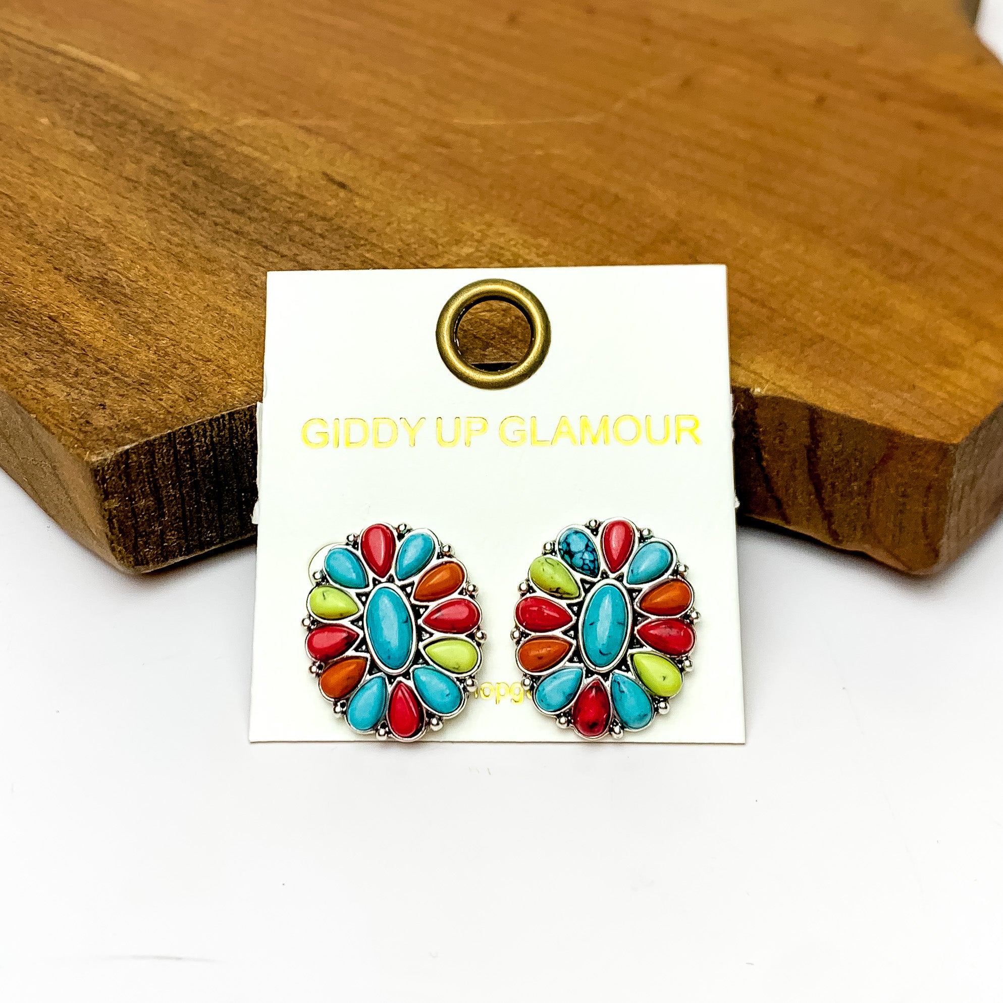 Silver Tone Concho Cluster Oval Earrings in Multicolored. Pictured on a white background with the earrings laying against a wood piece.